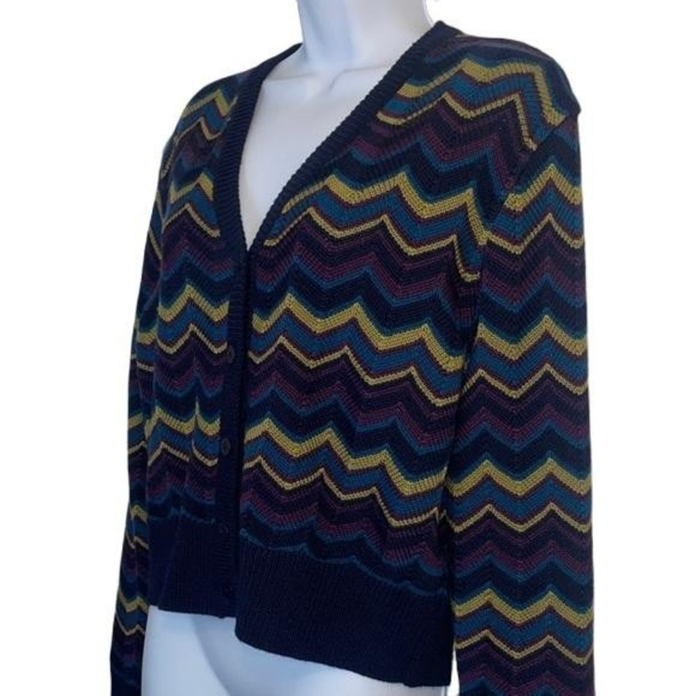 Nina Charles Kasper ASL Vintage Chevron Zigzag Cardigan Sweater Navy Blue Large - Picture 4 of 8